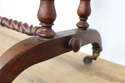 Lot 1263 - Mid Victorian rosewood and parquetry side table, rounded rectangular specimen wood inlaid top over reel moulded frieze with concealed drawer, on barley twist understructure and castors, 91cm wide x...