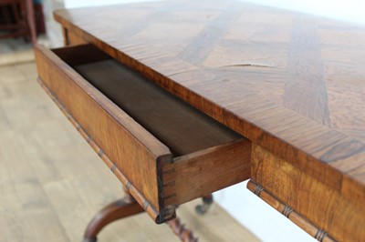 Lot 1263 - Mid Victorian rosewood and parquetry side table, rounded rectangular specimen wood inlaid top over reel moulded frieze with concealed drawer, on barley twist understructure and castors, 91cm wide x...