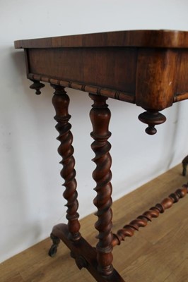 Lot 1263 - Mid Victorian rosewood and parquetry side table, rounded rectangular specimen wood inlaid top over reel moulded frieze with concealed drawer, on barley twist understructure and castors, 91cm wide x...