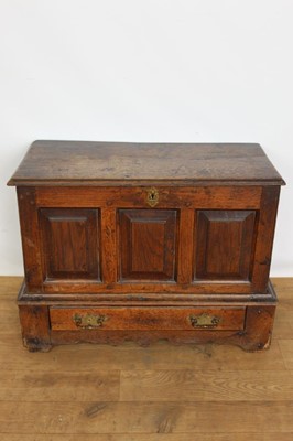 Lot 1268 - 18th century Welsh oak coffer bach, with hinged top and triple fielded panel front over frieze drawer on stiles, 65cm wide x 31cm x 48cm