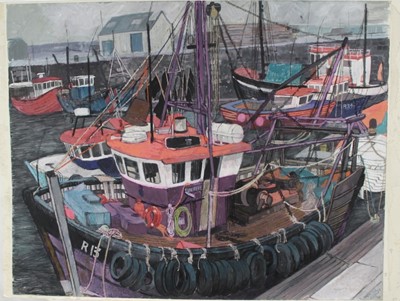 Lot 1033 - *Dione Page (1936-2021) pastel with gouache on paper laid on card - The purple fishing boat', signed, titled and dated '94, 76cm x 60cm, unframed.