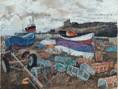 Lot 1035 - *Dione Page (1936-2021) - pastel with gouache on paper laid on card, 'Holy Island Harbour', signed titled and dated '99, 78cm x 60cm, unframed.