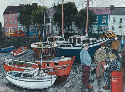 Lot 1036 - *Dione Page (1936-2021) pastel with gouache on paper laid on card - 'Aberaeron', signed titled and dated '98, 78cm x 60cm