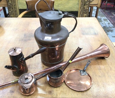 Lot 861 - Small collection of antique copperware including hunting horn, Art & Crafts water carrier, lidded saucepan. small saucepan, lidded chocolate loot