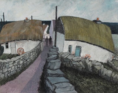 Lot 1037 - *Dione Page (1936-2021) pastel with gouache on paper laid on card - 'Cottages on Inisheer', signed titled and dated '91, 76cm x 60cm, unframed