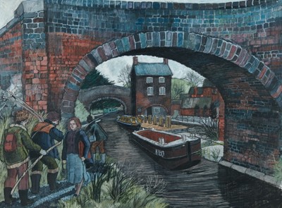 Lot 1039 - *Dione Page (1936-2021) pastel and gouache on paper laid on card - barges and walkers on towpath, 80cm x 60cm, signed indistinctly, unframed