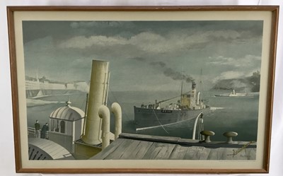 Lot 232 - Felix Kelly (1914-1994), School print, drifter and paddle steamer, published 1946, image 41 x 68cm framed