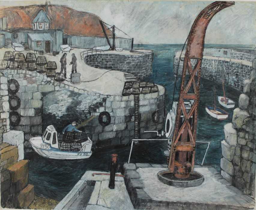 Lot 29 - *Dione Page (1936-2021) pastel and gouache on paper laid on card - 'Charlestown Cornwall', signed titled and dated '01, 75cm x 60cm, unframed
