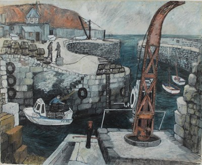 Lot 1040 - *Dione Page (1936-2021) pastel and gouache on paper laid on card - 'Charlestown Cornwall', signed titled and dated '01, 75cm x 60cm, unframed