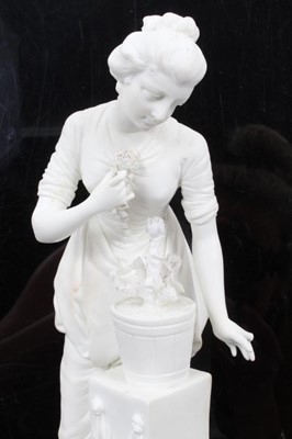 Lot 58 - A Derby bisque figure of a female gardener, late 18th/early 19th century, shown tending to a potted plant standing on a plinth, incised model number 359, 23.5cm high