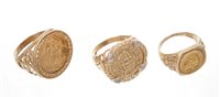 Lot 525 - Three gold (9ct) Coins-type rings - various