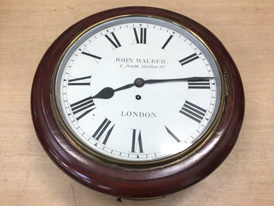 Lot 659 - Victorian wall clock with 30.5 cm circular painted dial signed John Walker, 1 South Street, London with single fusee movement in mahogany case 42 cm diameter, pendulum and key present