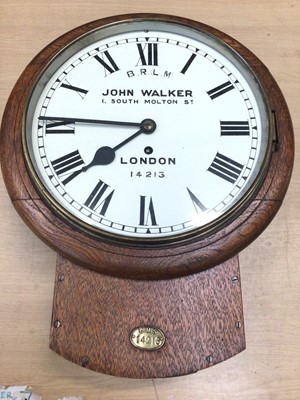 Lot 661 - Railway station clock with painted 31 cm dial marked 'B.R.(L.M.)  John Walker 1 South Molton Street, London 14213 ', fusee movent in oak drop case with brass L.M.S.14213 plaque, 40cm wide, 49 cm hi...