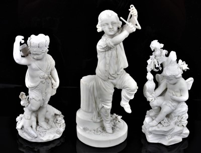 Lot 61 - A Derby bisque figure of America, model number 200, together with a Derby figure of a boy with a falcon, model number 213, and a Derby figure of a boy playing the triangle, model number 368 (3)