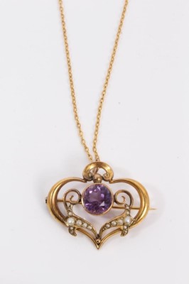 Lot 33 - Art Nouveau 9ct gold seed pearl and amethyst pendant/brooch on 9ct gold chain
