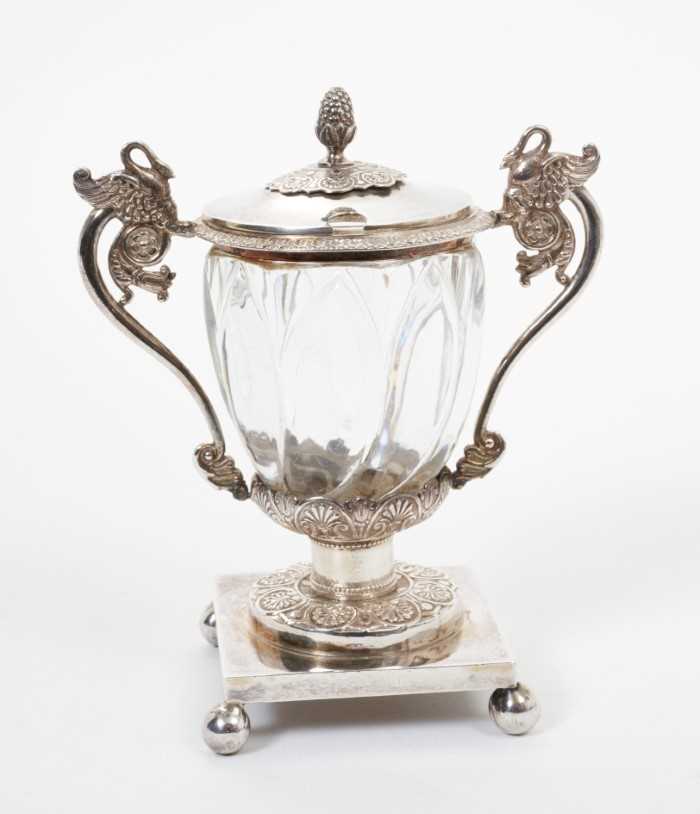 Lot 264 - Eary 20th century French silver mounted glass "confiture" pot, with cut glass body.