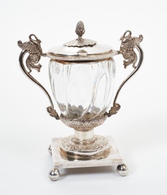 Lot 264 - Eary 20th century French silver mounted glass "confiture" pot, with cut glass body.