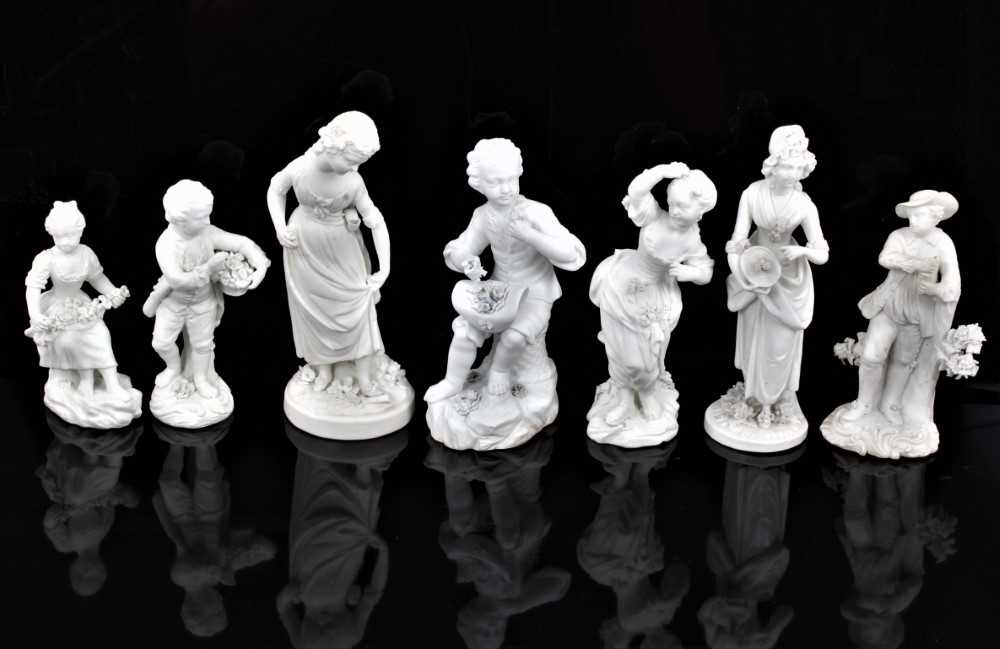 Lot 62 - Group of seven late 18th/early 19th century Derby bisque figures, all but two with incised model numbers, the largest measuring 16cm high