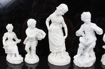 Lot 62 - Group of seven late 18th/early 19th century Derby bisque figures, all but two with incised model numbers, the largest measuring 16cm high