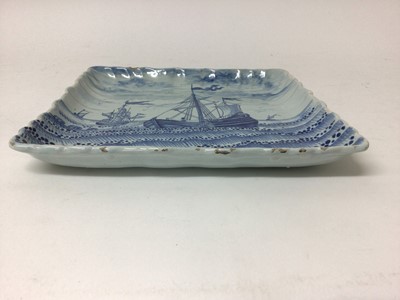 Lot 79 - A late 18th century Dutch blue and white delftware plaque, painted with fishing boats and bearing the inscription 'No 5 De Buysch op de Neering', mark on the back for De Porceleyne Bijl (The Porcel...
