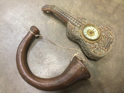 Lot 161 - Early 20th century Continental novelty clock in the form of a guitar, ceramic hunting horn.
