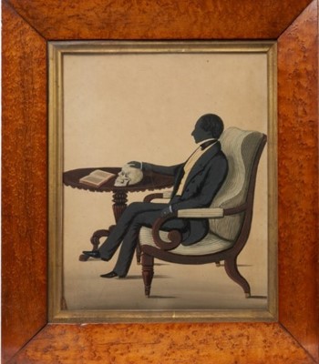 Lot 783 - Unusual Regency silhouette portrait, with skull on the table, in birds eye maple frame.