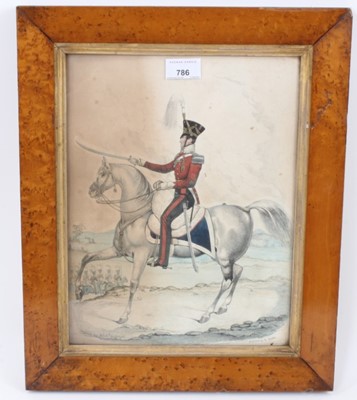 Lot 786 - Regency hand tinted military engraving after Richard Dighton, birds eye maple frame.