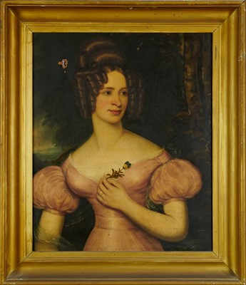 Lot 1302 - Regency English School oil on canvas - portrait of a young Lady in pink dress, 76cm x 64cm, in gilt frame