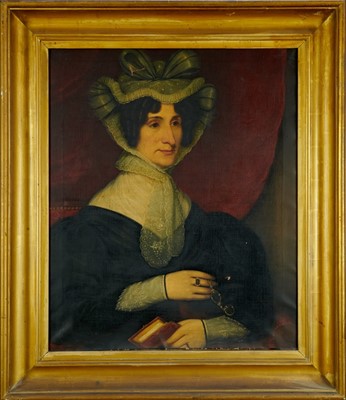 Lot 1304 - English School, mid 19th century, oil on canvas - portrait of a Lady wearing a bonnet, 76cm x 64cm, in gilt frame