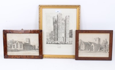 Lot 292 - Framed engraving of Hadleigh deanery tower and two similar framed engravings of local churches.