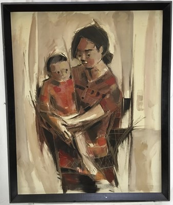 Lot 51 - Continental School, mid 20th century, oil on canvas - portrait of a mother and child, 83cm x 67cm, framed