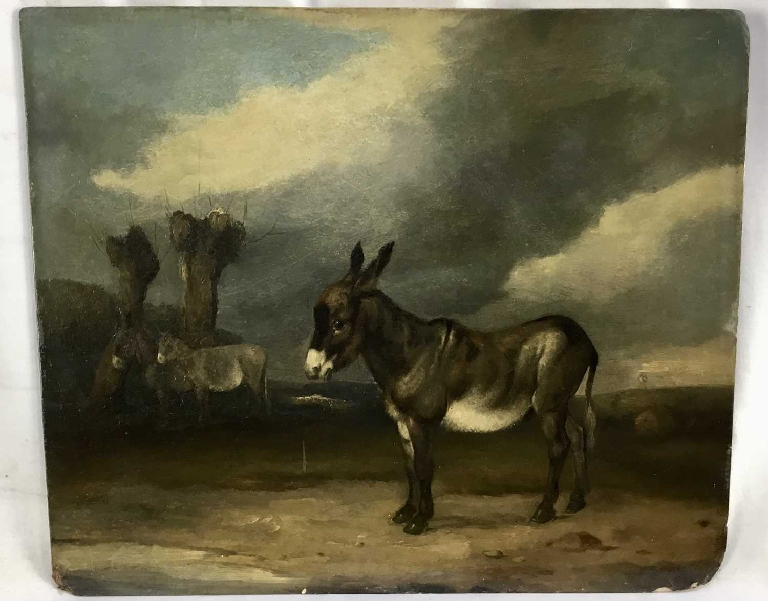 Lot 54 - Manner of William Shayer, oil on board - Donkeys in a Landscape, bearing signature and dated 1881, 28cm x 33cm, unframed