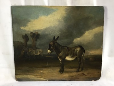 Lot 54 - Manner of William Shayer, oil on board - Donkeys in a Landscape, bearing signature and dated 1881, 28cm x 33cm, unframed