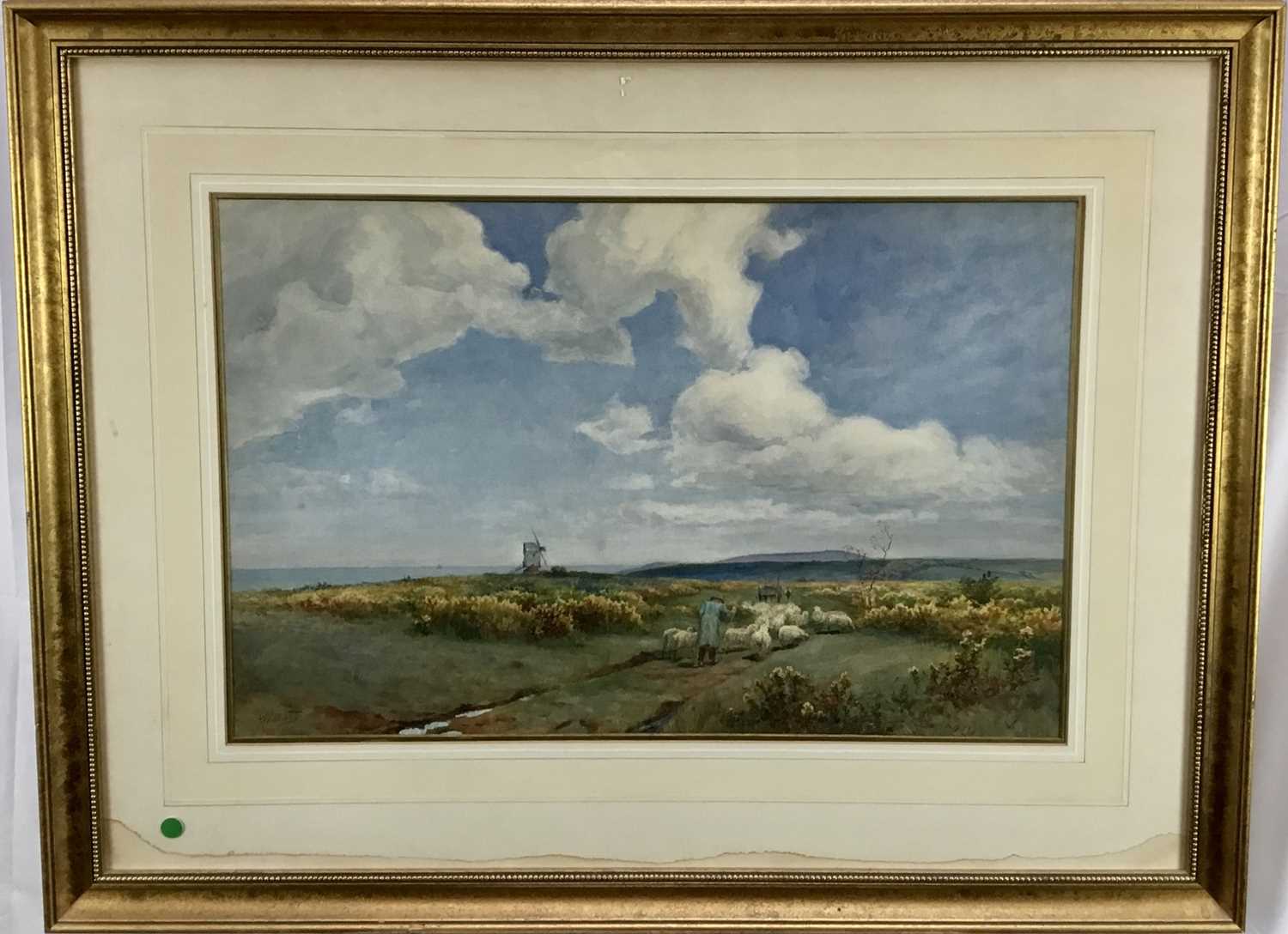 Lot 48 - Charles Western (1856-1900) watercolour - shepherd and flock in an extensive landscape with windmill beyond, signed, 48cm x 74cm, in glazed gilt frame