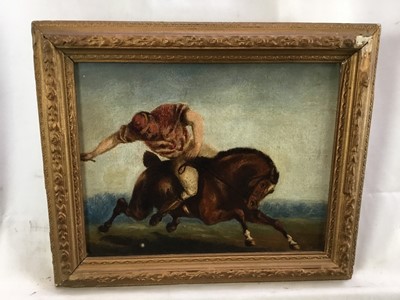 Lot 50 - Continental School, 19th century, oil on board - a polo player, 20.5cm x 25cm, in gilt frame