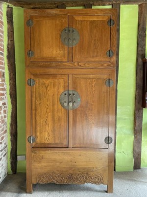 Lot 1222 - Large Chinese elm sectional cupboard with internal drawers and shelves enclosed by four doors, 125cm wide x 53cm deep x 255cm high