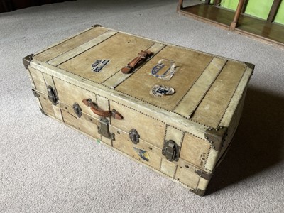 Lot 1229 - 1920s velum cabin trunk with original fitted drawers enclosed by a tambour shutter, hanging rail and applied presentation inscription from the Canadian Pacific Railway dated 1926