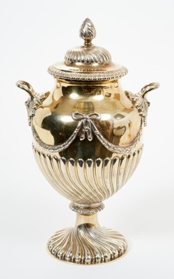 Lot 271 - Edwardian silver gilt sugar urn of half fluted baluster form, with garland decoration