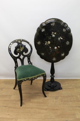 Lot 1371 - Victorian papier mâché and mother of pearl inlaid tilt-top table and chair