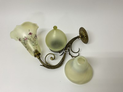 Lot 856 - Victorian wall light with hand-decorated vaseline glass shade, together with 2 other vaseline glass shades (3)