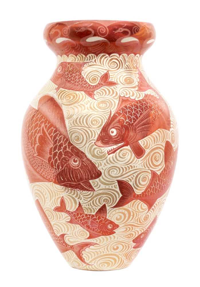 Lot 147 - A William de Morgan ruby lustre fish vase