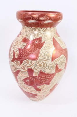 Lot 147 - A William de Morgan ruby lustre fish vase