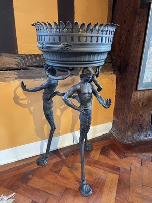 Lot 1206 - Grand Tour style bronze jardinère raised on classical monopod supports, 90cm high