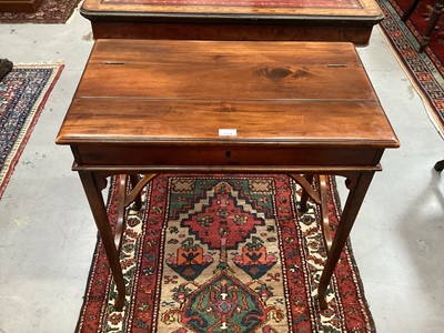 Lot 1214 - Chinese hardwood writing table with fitted cantilevered leather lined writing surface, enclosed by hinged front, on shaped supports, 73cm wide x 43cm deep x 79cm high