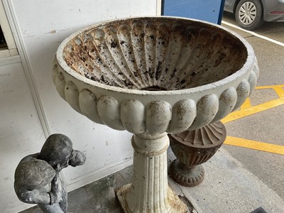 Lot 1231 - Pair antique white painted cast iron garden planters of lobed compressed form, on fluted splayed columns and sqaure plinth base, 68cm diameter