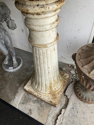 Lot 1231 - Pair antique white painted cast iron garden planters of lobed compressed form, on fluted splayed columns and sqaure plinth base, 68cm diameter