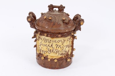 Lot 359 - An unusual Victorian pottery jar/funerary urn, possibly Welsh Ewenny ware, in the form of a tree trunk with branch handles, inscription to the front reading 'In memory of Joseph Morris, Ightfeild H...
