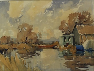 Lot 1041 - *Edward Wesson watercolour - River Landscape, signed, in glazed frame, together with a copy of a related book
