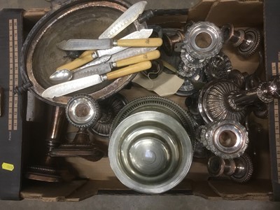 Lot 165 - Collection of silver plate including biscuit barrel, serving dish, candlesticks other items