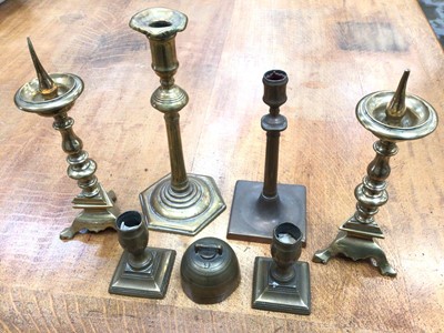 Lot 862 - 18th century bell metal candlestick on hexagonal base, 18th Century bell metal candlestick on square base,, pair dwarf 18th century bell metal candlesticks, pair pritchet candlesticks